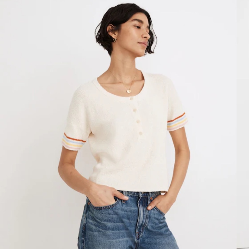 Madewell Henley Sweater Tee in Rainbow Stripe / Vintage Parchment Size L